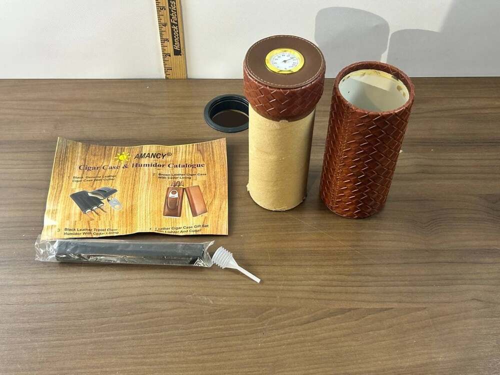 AMANCY Travel Cigar Humidor Brown Woven Pattern Cylinder Case with Hygrometer